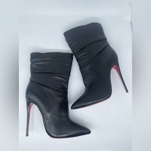 Christian Louboutin Ishtar Black Leather Mid Calf Pointed Stiletto Heels Boots